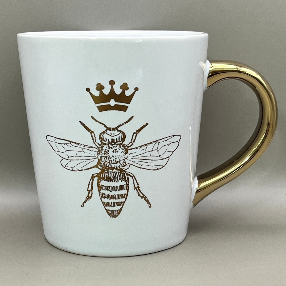 Modern Expressions Queen Bee Crown Coffee Mug White Gold Metallic Handle 16 oz